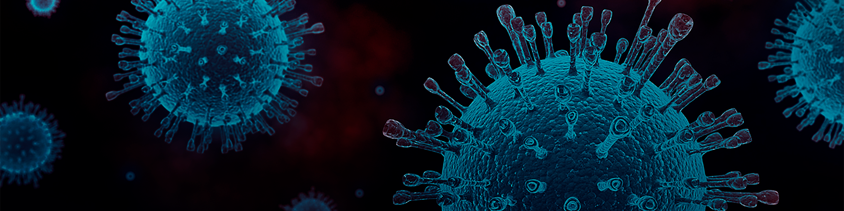 Enlarged Coronavirus cells on a dark backdrop.
